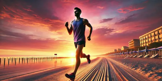 Uomo che corre sulla spiaggia al tramonto, atmosfera serena.