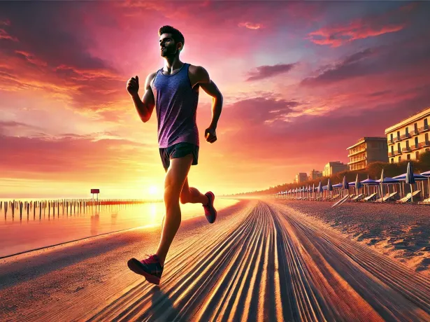 Uomo che corre sulla spiaggia al tramonto, atmosfera serena.