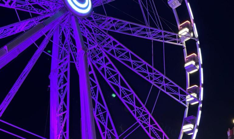 Ruota panoramica illuminata e giostra in un parco divertimenti notturno.