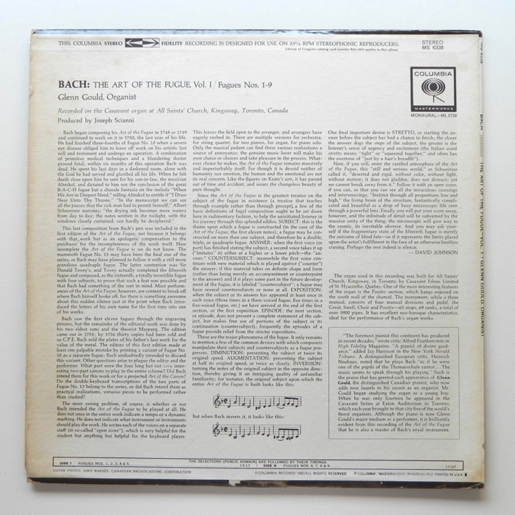 Vendita online Bach THE ART OF THE FUGUE VOL 1 / Glenn Gould Organist ...